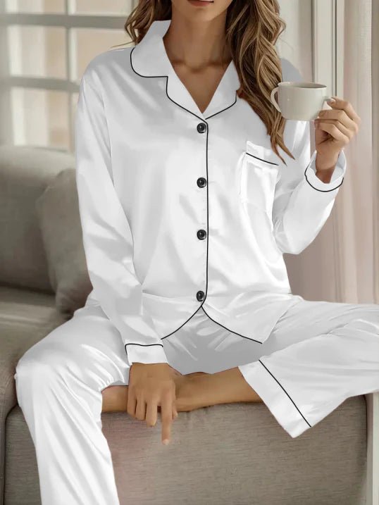WOMEN'S SATIN BUTTON - UP LONG SLEEVE PAJAMA SET LUXURY - Zarino Newstyle