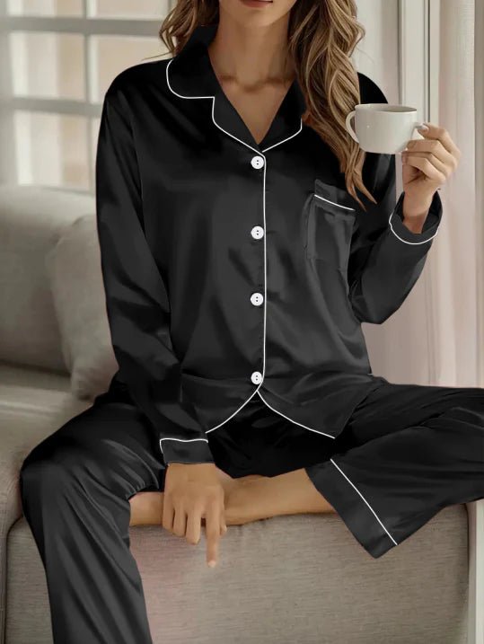 WOMEN'S SATIN BUTTON - UP LONG SLEEVE PAJAMA SET LUXURY - Zarino Newstyle