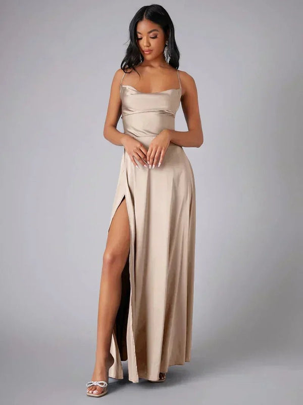 WOMEN'S SATIN COWL NECK LACE - UP BACK MAXI EVENING DRESS - Zarino Newstyle