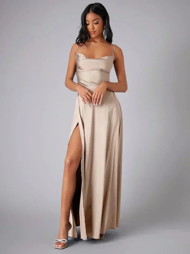 WOMEN'S SATIN COWL NECK LACE - UP BACK MAXI EVENING DRESS - Zarino Newstyle