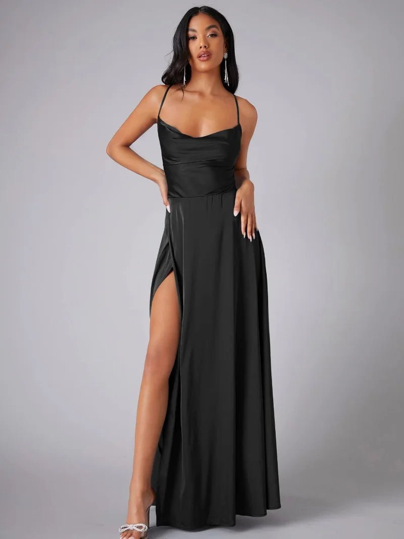 WOMEN'S SATIN COWL NECK LACE - UP BACK MAXI EVENING DRESS - Zarino Newstyle