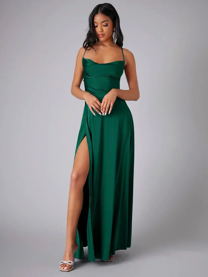 WOMEN'S SATIN COWL NECK LACE - UP BACK MAXI EVENING DRESS - Zarino Newstyle