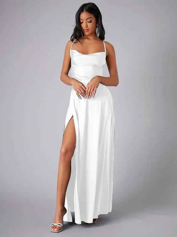 WOMEN'S SATIN COWL NECK LACE - UP BACK MAXI EVENING DRESS - Zarino Newstyle