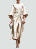 WOMEN'S SATIN KIMONO SLEEVE BROOCH MIDI DRESS - Zarino Newstyle