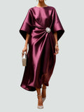 WOMEN'S SATIN KIMONO SLEEVE BROOCH MIDI DRESS - Zarino Newstyle