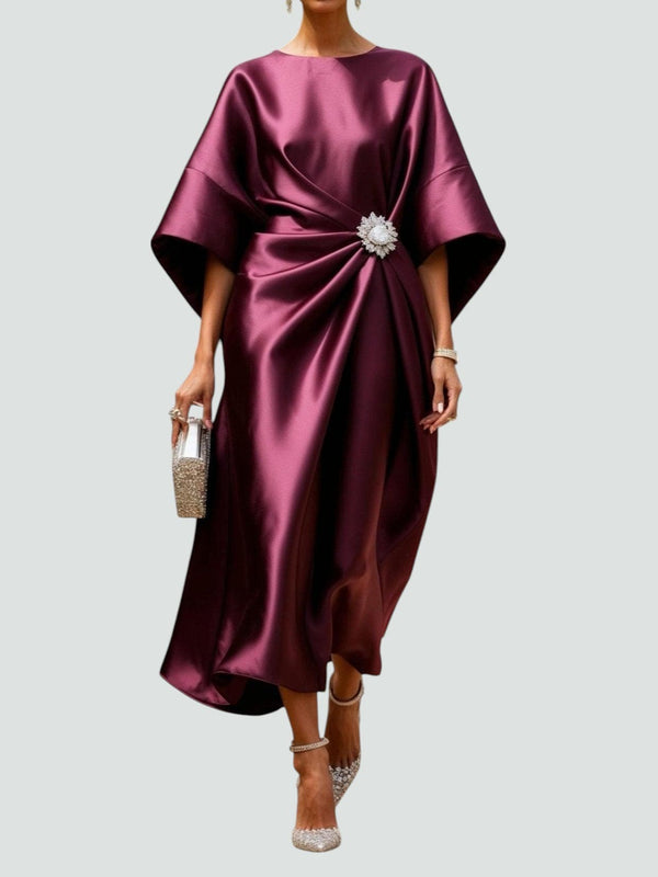 WOMEN'S SATIN KIMONO SLEEVE BROOCH MIDI DRESS