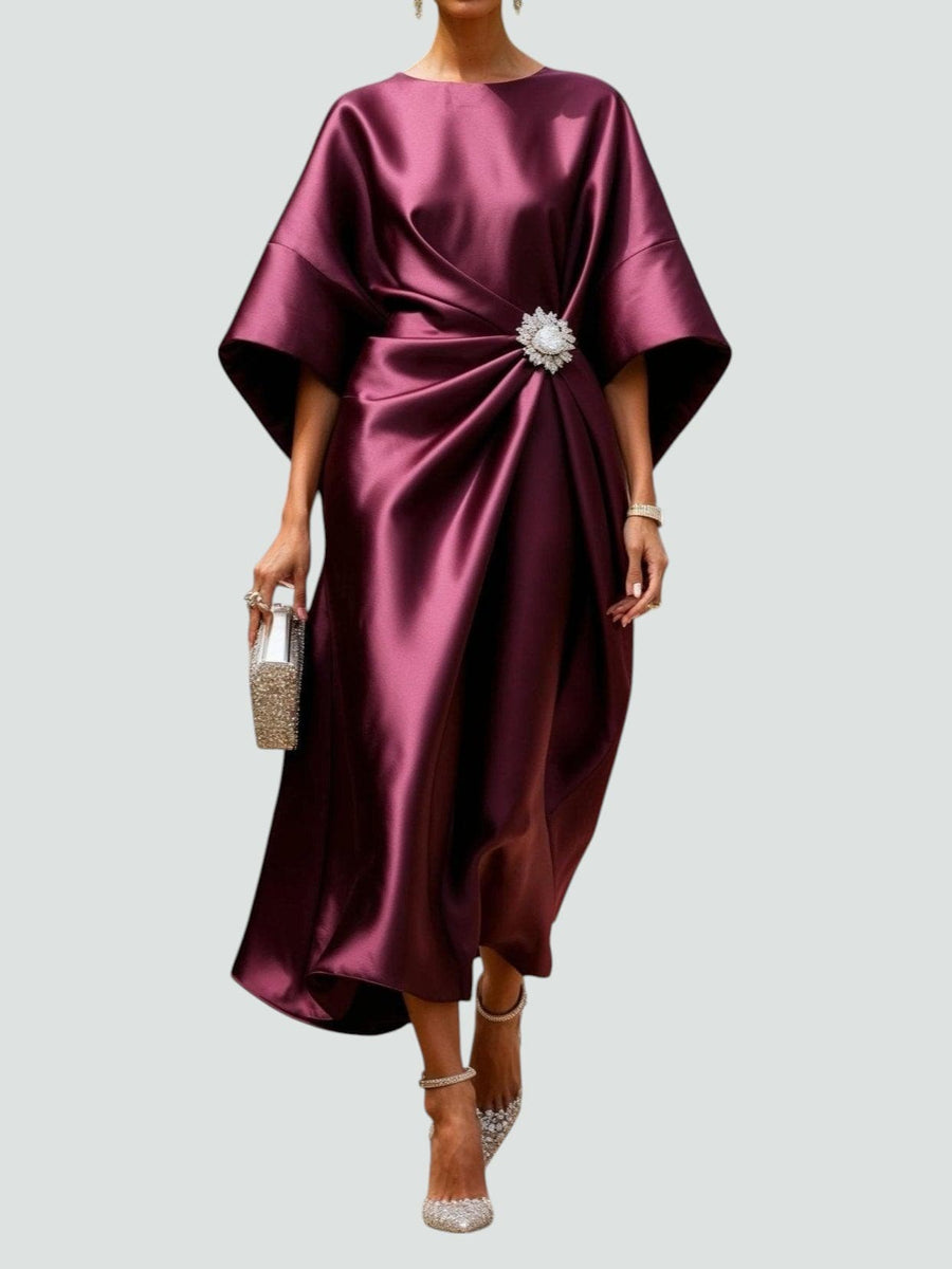WOMEN'S SATIN KIMONO SLEEVE BROOCH MIDI DRESS - Zarino Newstyle