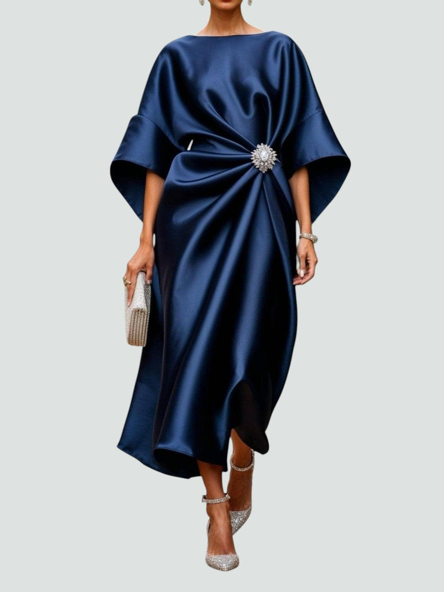 WOMEN'S SATIN KIMONO SLEEVE BROOCH MIDI DRESS - Zarino Newstyle