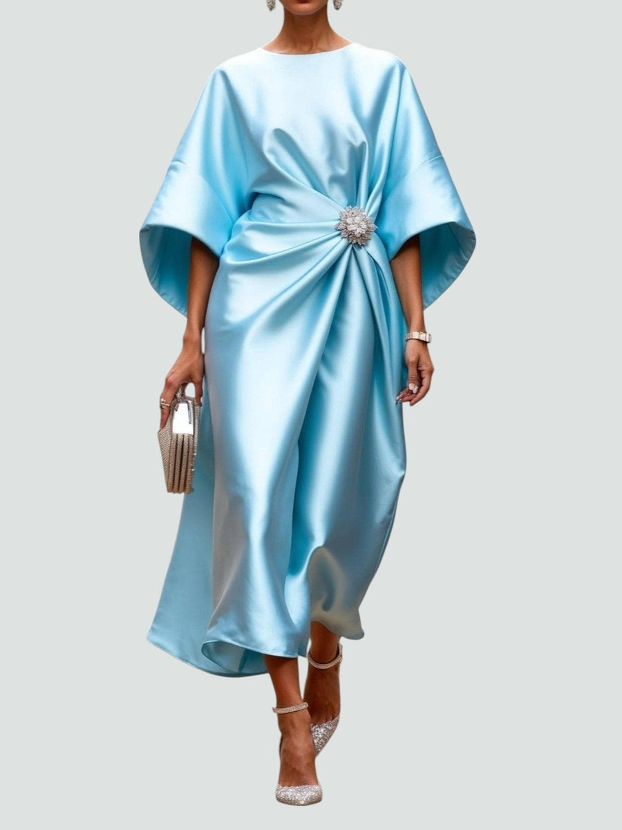 WOMEN'S SATIN KIMONO SLEEVE BROOCH MIDI DRESS - Zarino Newstyle