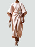 WOMEN'S SATIN KIMONO SLEEVE BROOCH MIDI DRESS - Zarino Newstyle