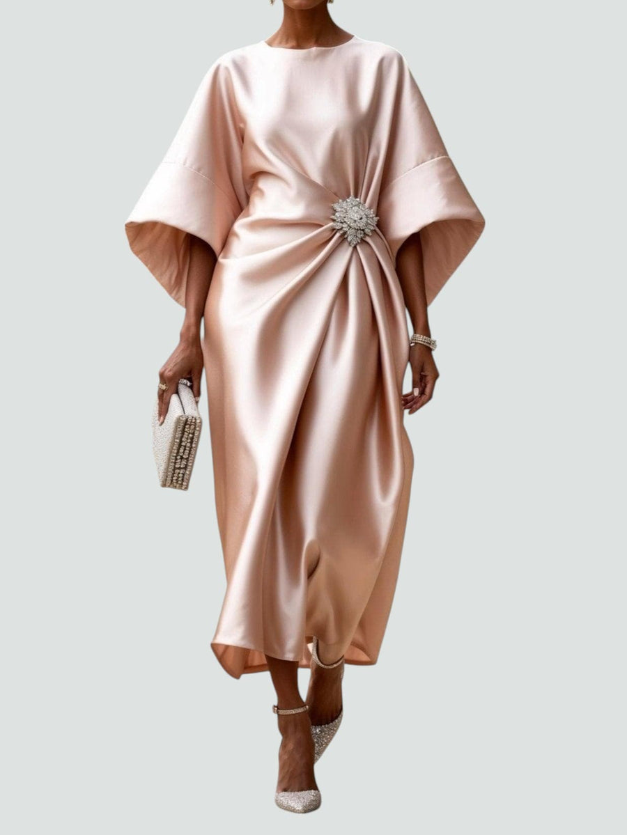 WOMEN'S SATIN KIMONO SLEEVE BROOCH MIDI DRESS - Zarino Newstyle