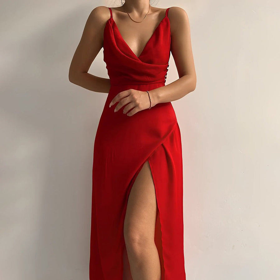WOMEN'S SATIN LACE TRIM V - NECK SLIP MAXI DRESS - Zarino Newstyle
