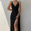WOMEN'S SATIN LACE TRIM V - NECK SLIP MAXI DRESS - Zarino Newstyle