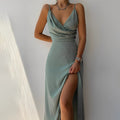 WOMEN'S SATIN LACE TRIM V - NECK SLIP MAXI DRESS - Zarino Newstyle
