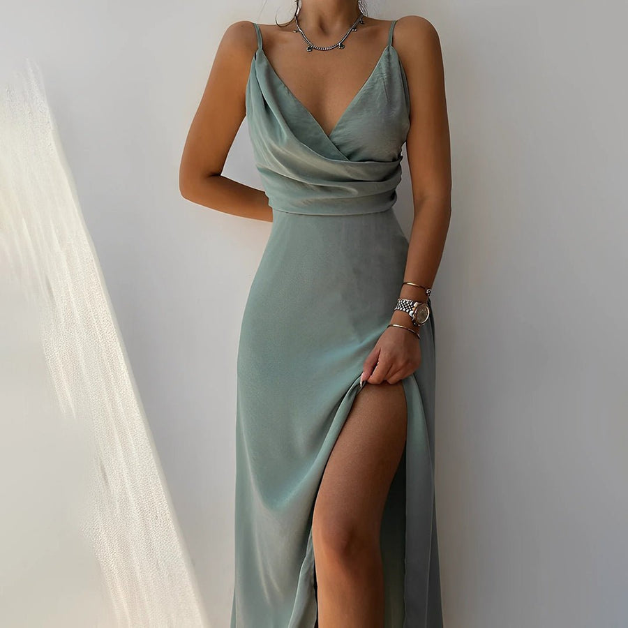 WOMEN'S SATIN LACE TRIM V - NECK SLIP MAXI DRESS - Zarino Newstyle
