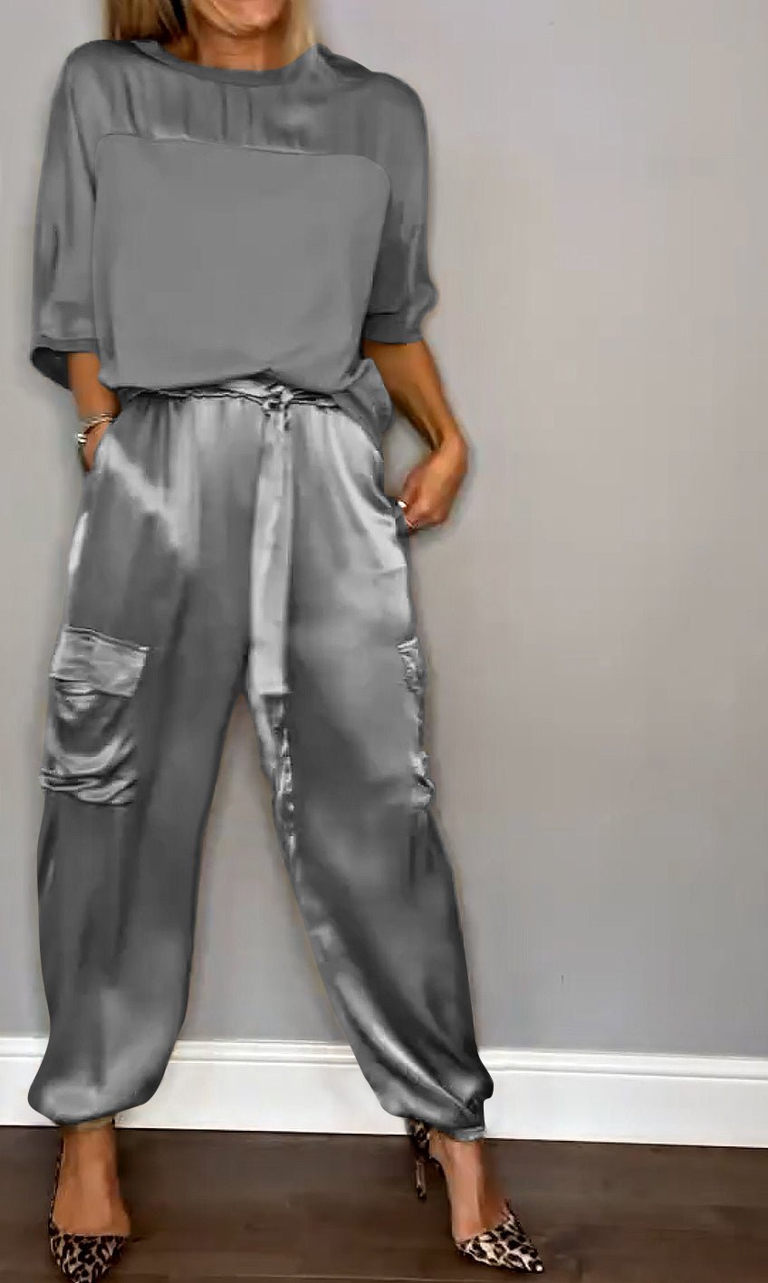 WOMEN'S SATIN TWO - PIECE CARGO TROUSER SUMMER SET - Zarino Newstyle