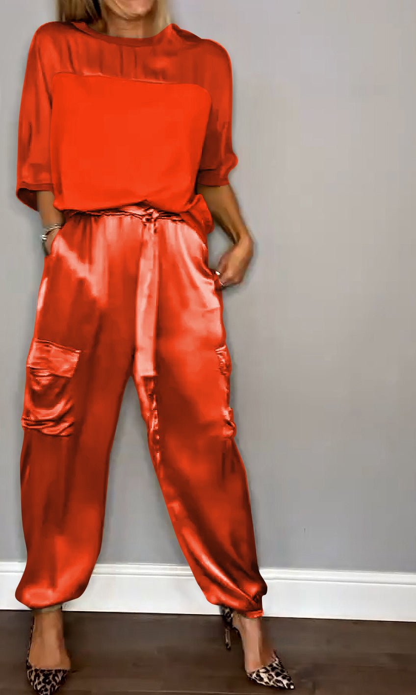 WOMEN'S SATIN TWO - PIECE CARGO TROUSER SUMMER SET - Zarino Newstyle