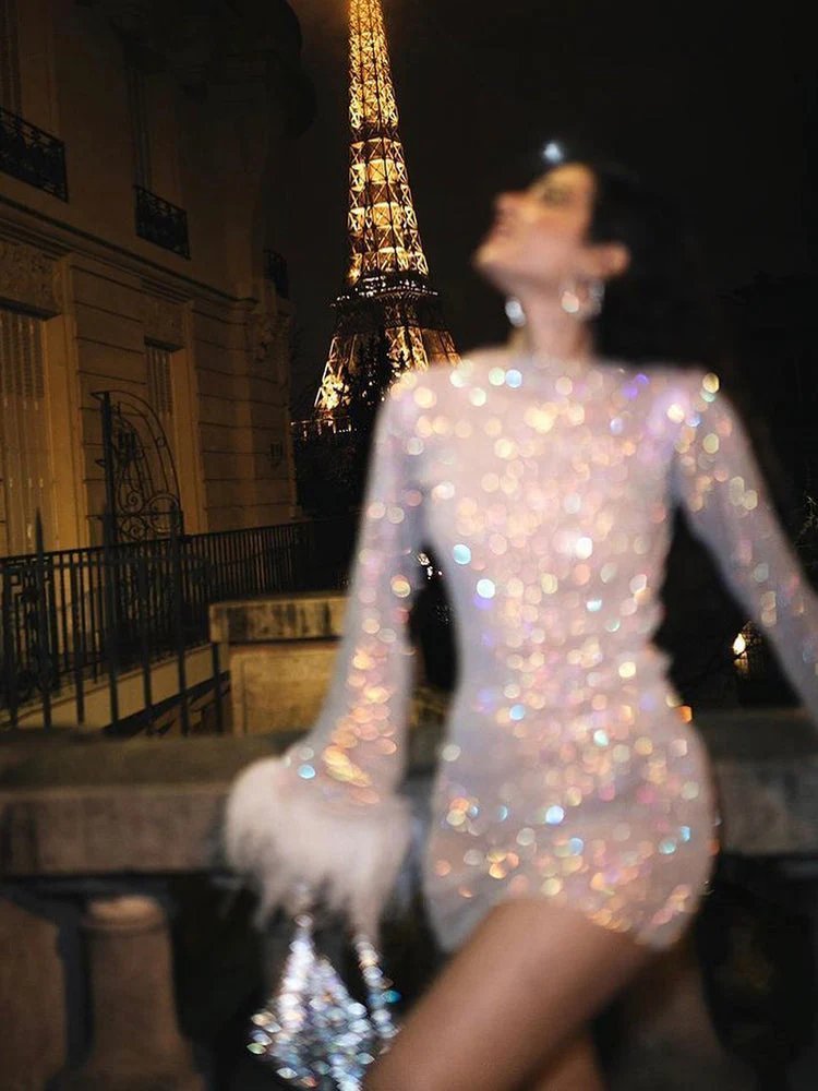 WOMEN'S SEQUIN FEATHER MINI DRESS - Zarino Newstyle