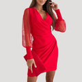 WOMEN'S SHEER SLEEVE V - NECK WRAP SUMMER MINI DRESS - Zarino Newstyle