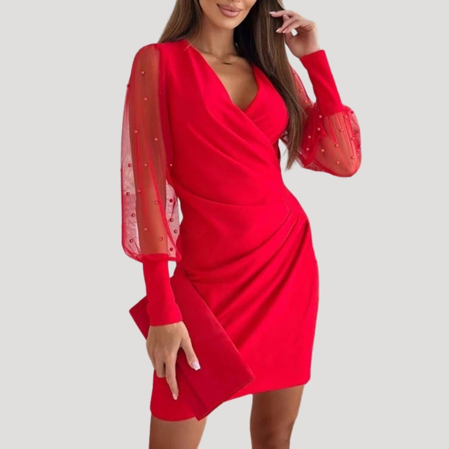 WOMEN'S SHEER SLEEVE V - NECK WRAP SUMMER MINI DRESS - Zarino Newstyle