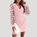 WOMEN'S SHEER SLEEVE V - NECK WRAP SUMMER MINI DRESS - Zarino Newstyle