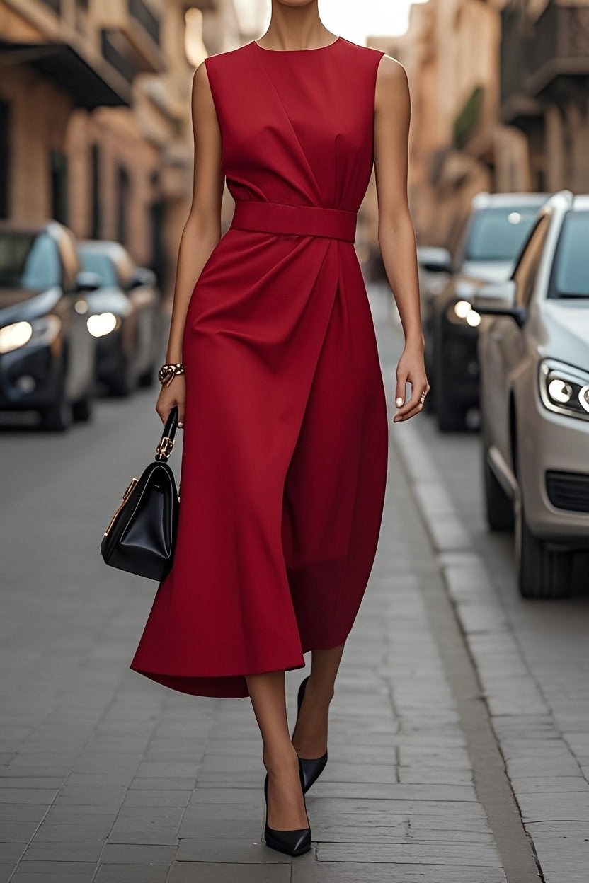 WOMEN'S SLEEVELESS BELTED WRAP MIDI SUMMER DRESS - Zarino Newstyle