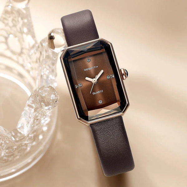 WOMEN'S SLIM RECTANGULAR LEATHER STRAP QUARTZ WATCH