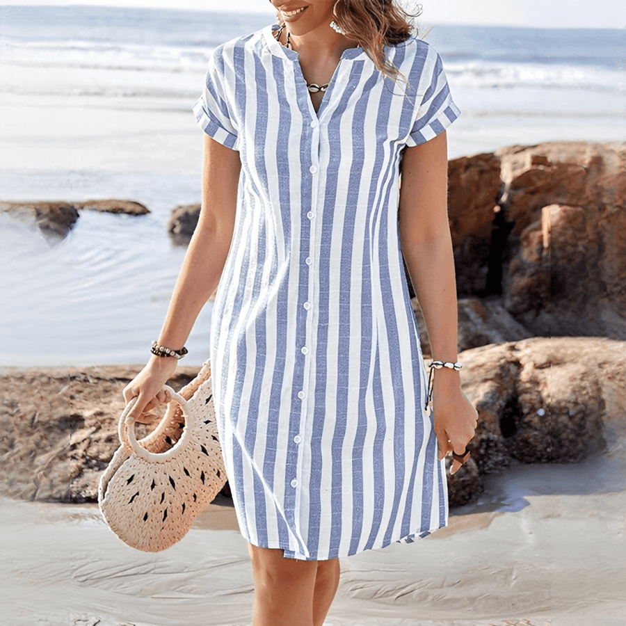 WOMEN'S STRIPED BUTTON - DOWN MIDI SUMMER SHIRT DRESS - Zarino Newstyle