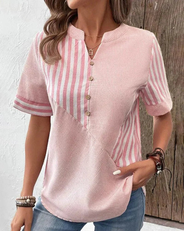WOMEN'S STRIPED MANDARIN COLLAR SUMMER BLOUSE - Zarino Newstyle