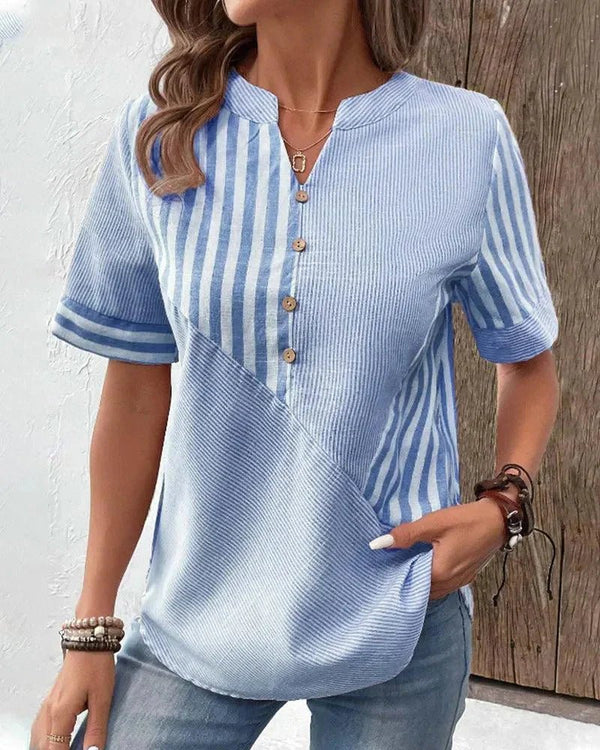 WOMEN'S STRIPED MANDARIN COLLAR SUMMER BLOUSE