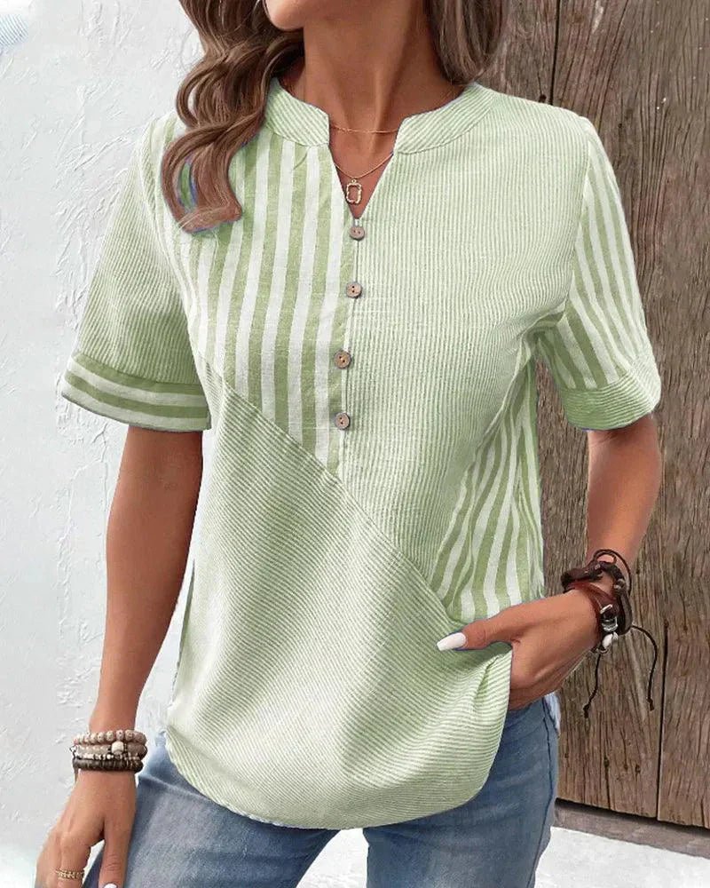 WOMEN'S STRIPED MANDARIN COLLAR SUMMER BLOUSE - Zarino Newstyle