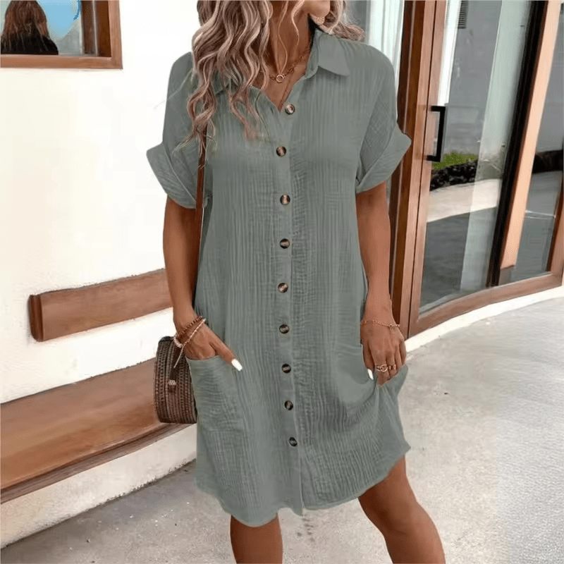 WOMEN'S SUMMER BUTTON DOWN SHIRT DRESS WITH POCKETS - Zarino Newstyle