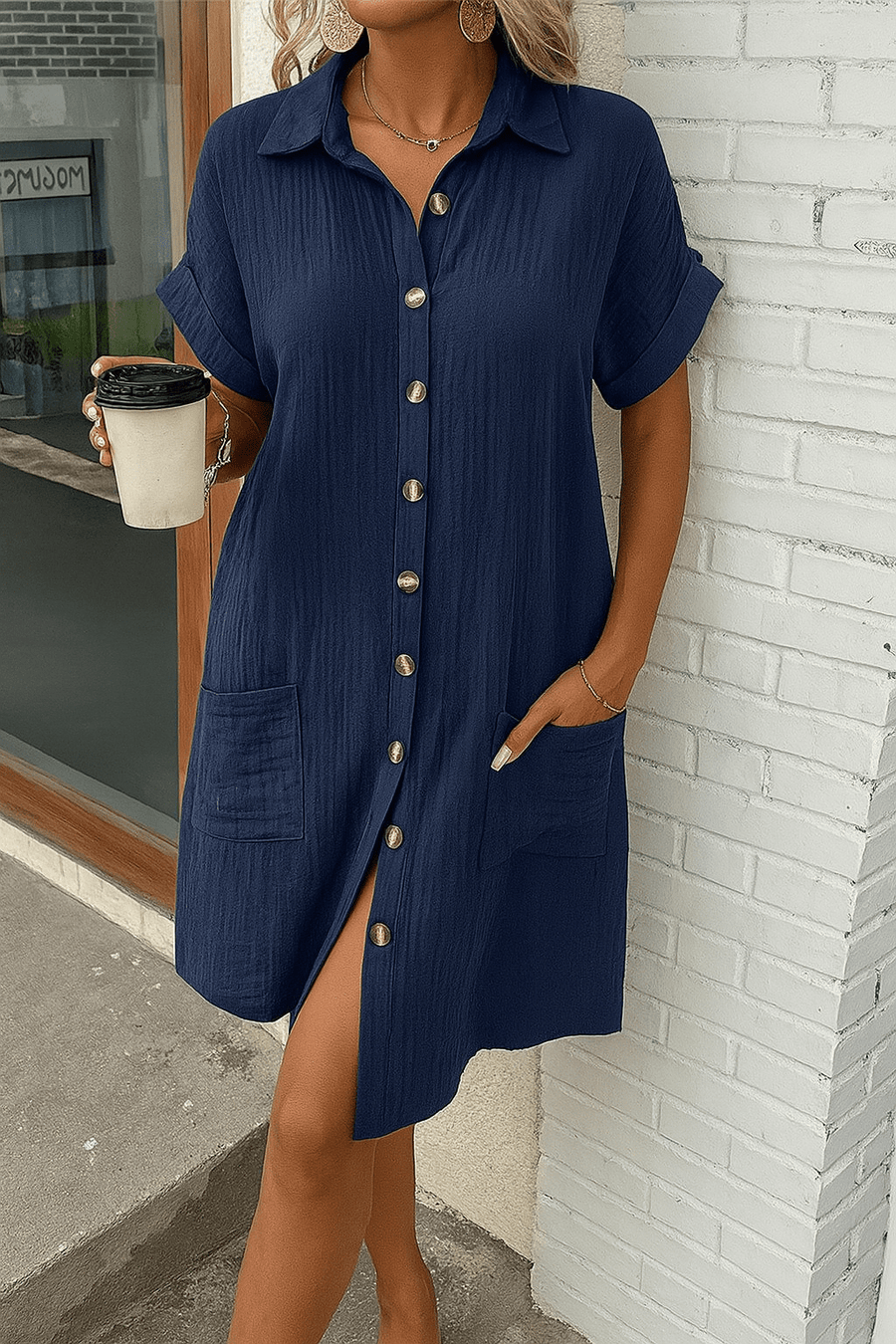 WOMEN'S SUMMER BUTTON DOWN SHIRT DRESS WITH POCKETS - Zarino Newstyle