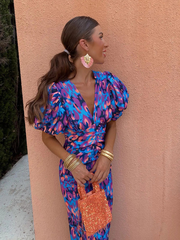 WOMEN'S SUMMER PRINTED PUFF SLEEVE MIDI DRESS