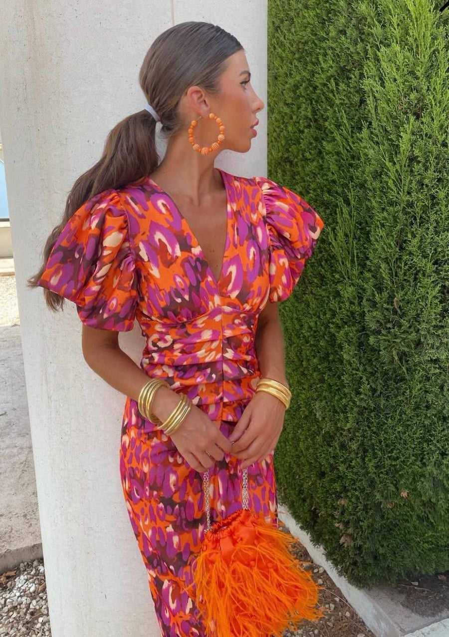 WOMEN'S SUMMER PRINTED PUFF SLEEVE MIDI DRESS - Zarino Newstyle