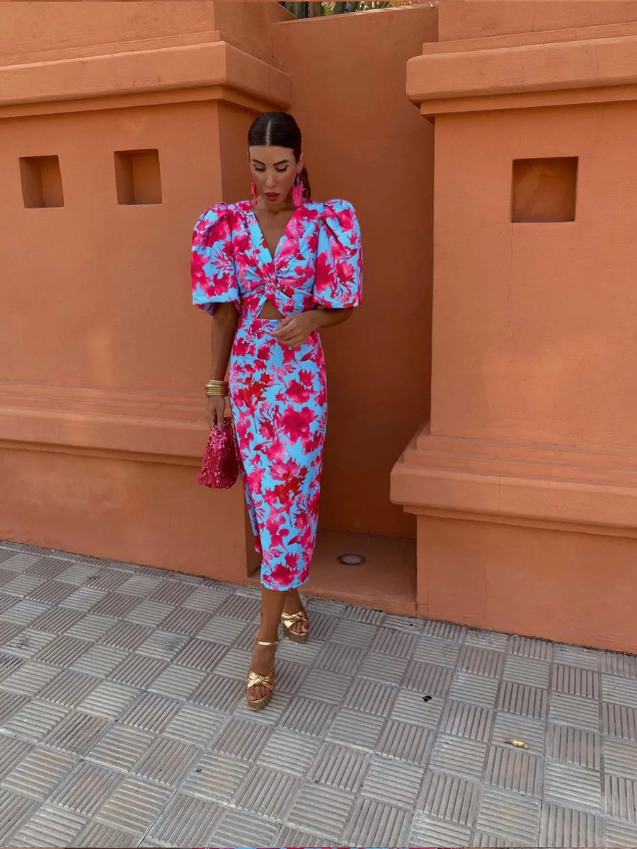WOMEN'S SUMMER PRINTED PUFF SLEEVE MIDI DRESS - Zarino Newstyle