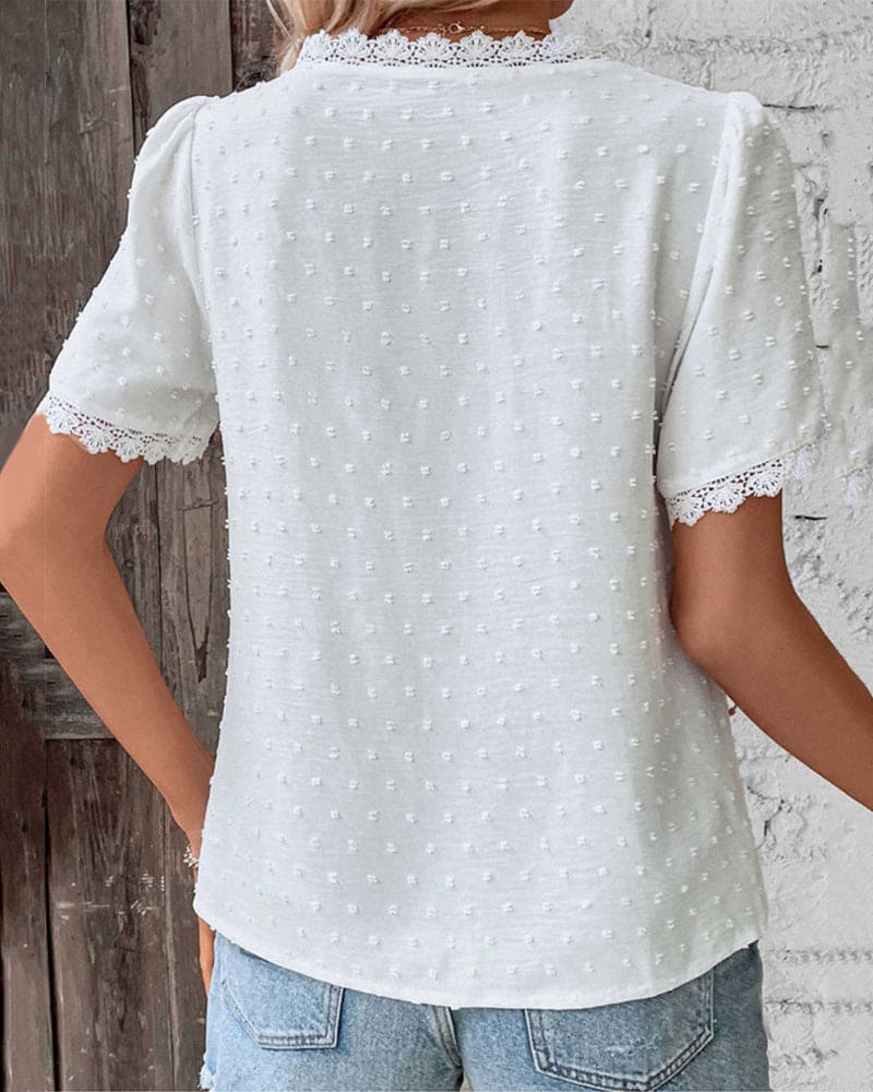 WOMEN'S SUMMER V NECK LACE TRIM BLOUSE - Zarino Newstyle