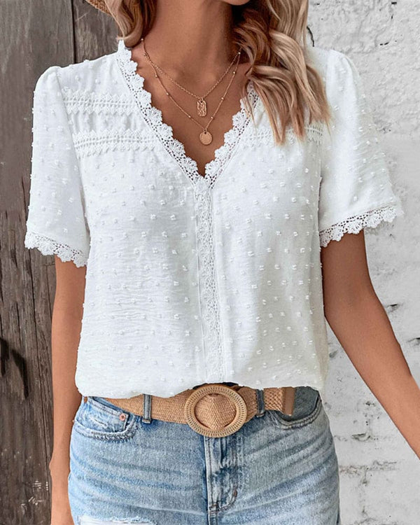 WOMEN'S SUMMER V NECK LACE TRIM BLOUSE