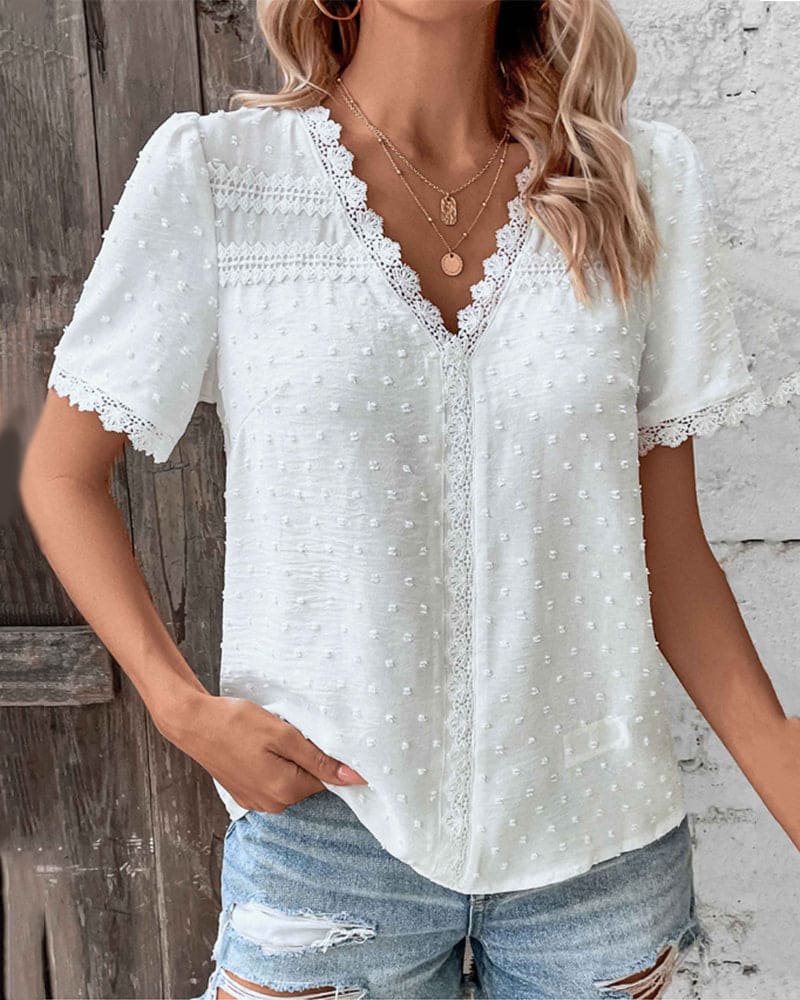 WOMEN'S SUMMER V NECK LACE TRIM BLOUSE - Zarino Newstyle