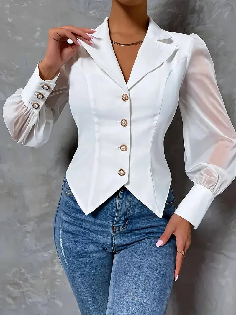 WOMEN'S TAILORED PEAK LAPEL SHEER SLEEVE BLOUSE - Zarino Newstyle
