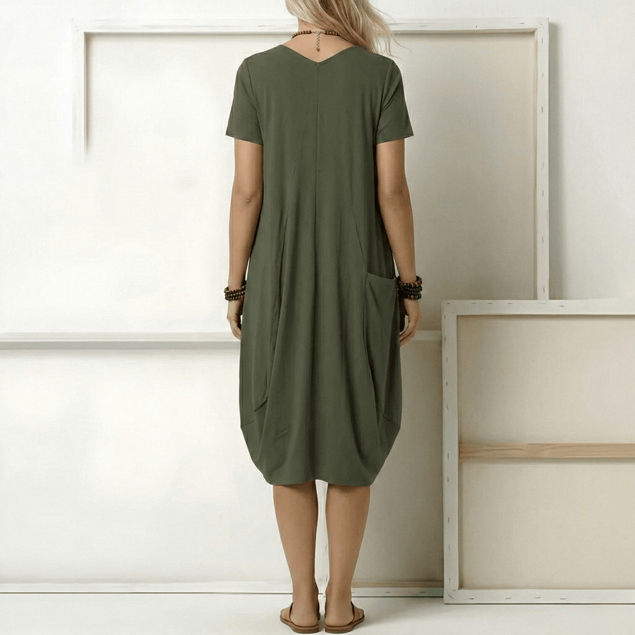 WOMEN'S V - NECK OVERSIZED POCKET MIDI SUMMER DRESS - Zarino Newstyle