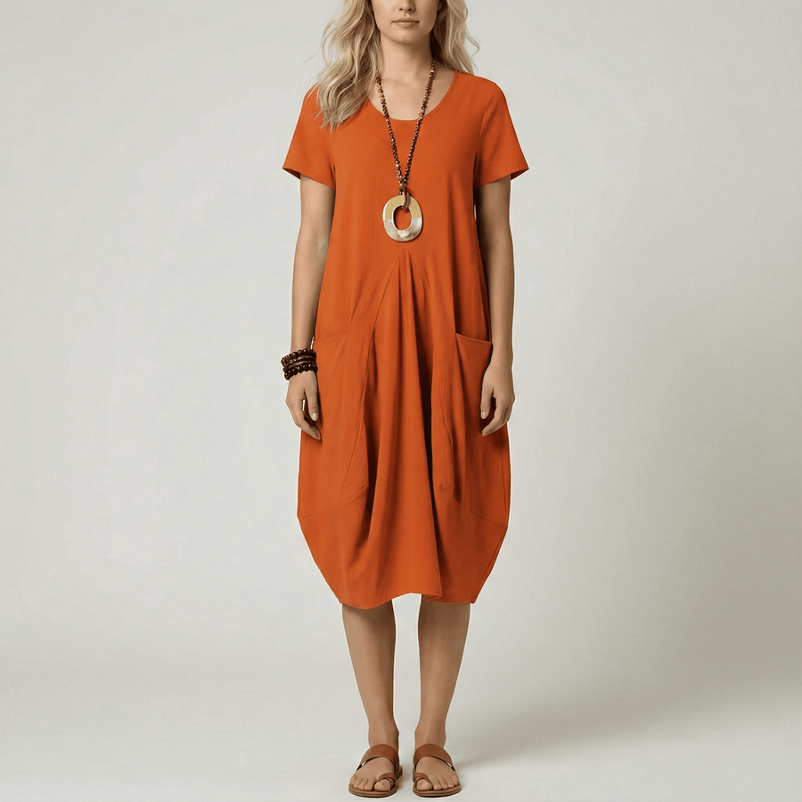 WOMEN'S V - NECK OVERSIZED POCKET MIDI SUMMER DRESS - Zarino Newstyle