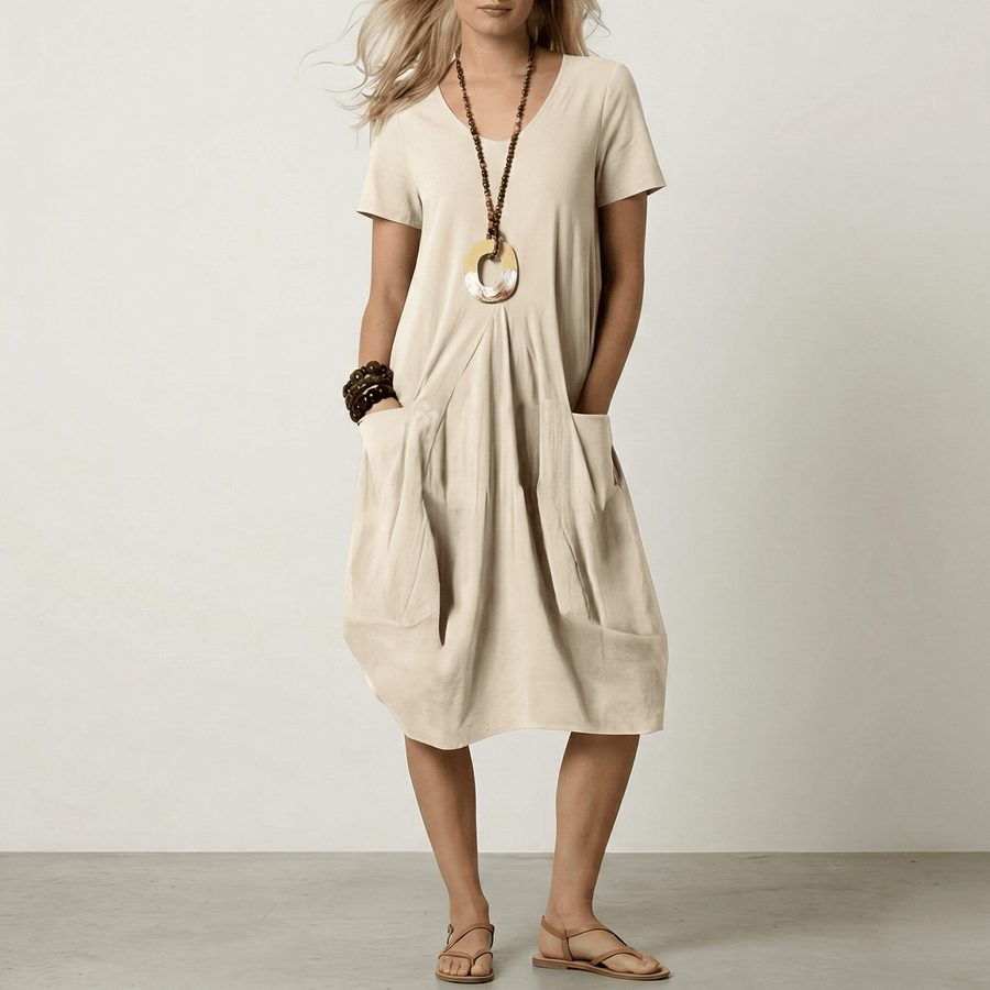 WOMEN'S V - NECK OVERSIZED POCKET MIDI SUMMER DRESS - Zarino Newstyle
