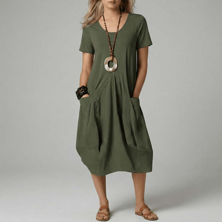 WOMEN'S V - NECK OVERSIZED POCKET MIDI SUMMER DRESS - Zarino Newstyle