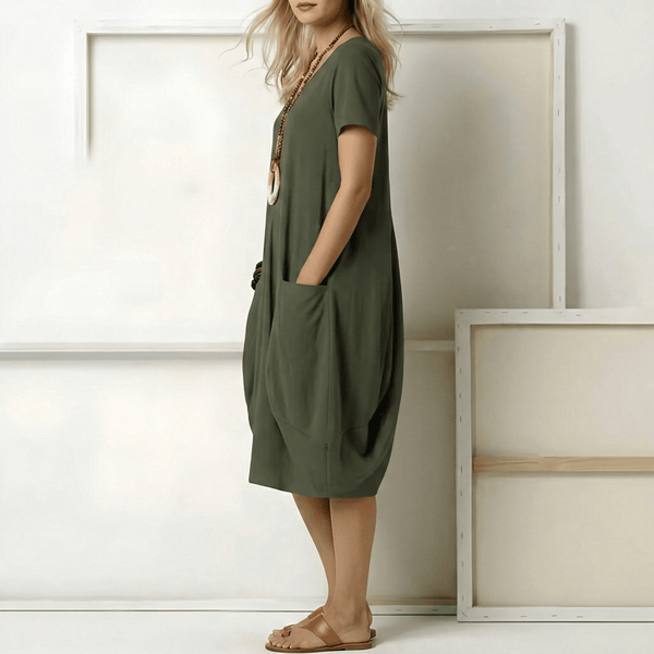 WOMEN'S V-NECK OVERSIZED POCKET MIDI SUMMER DRESS