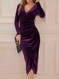 WOMEN'S VELVET WRAP V - NECK RUCHED MIDI DRESS - Zarino Newstyle