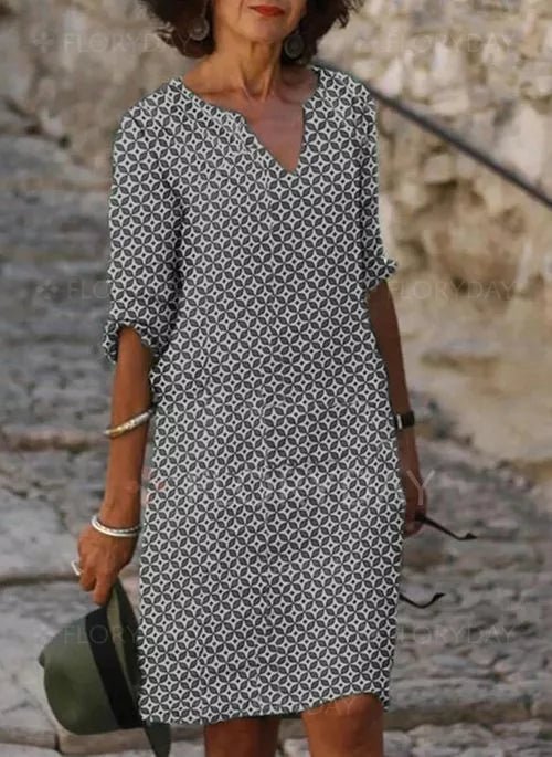WOMEN'S VINTAGE FLORAL SPLIT NECK 3/4 SLEEVE MIDI DRESS