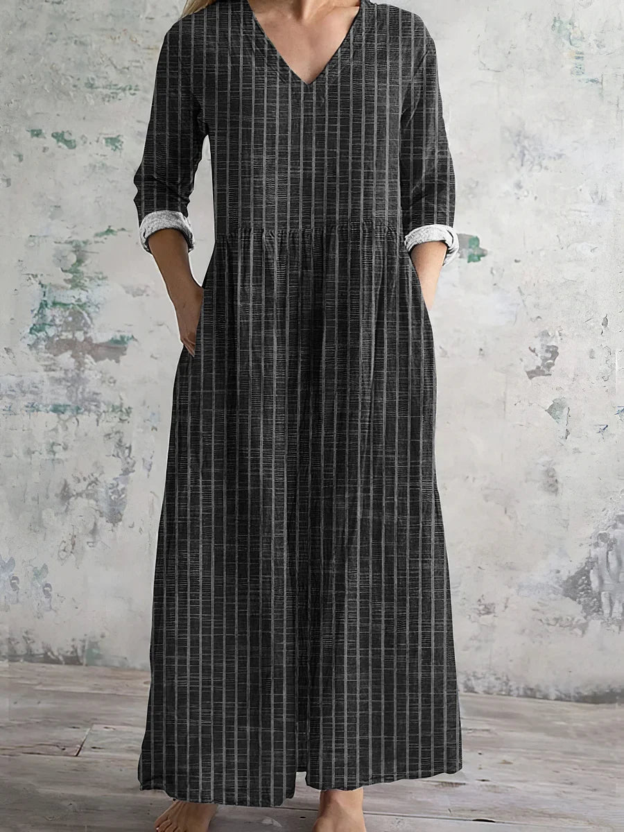 WOMEN'S VINTAGE STRIPE LONG SLEEVE MAXI DRESS - Zarino Newstyle