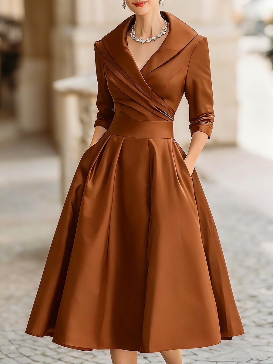 WOMEN'S VINTAGE WRAP MIDI DRESS WITH DRAPED COLLAR - Zarino Newstyle