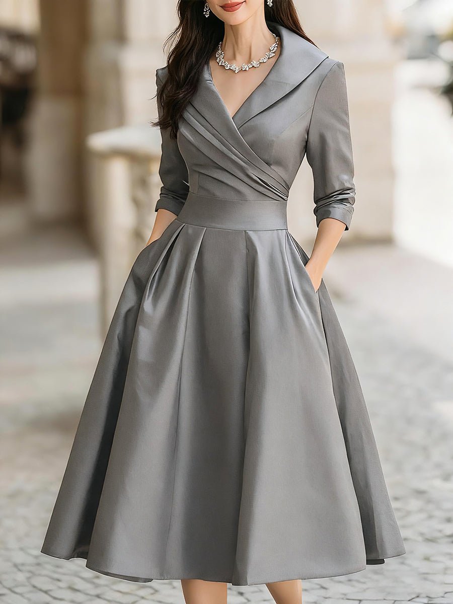 WOMEN'S VINTAGE WRAP MIDI DRESS WITH DRAPED COLLAR - Zarino Newstyle